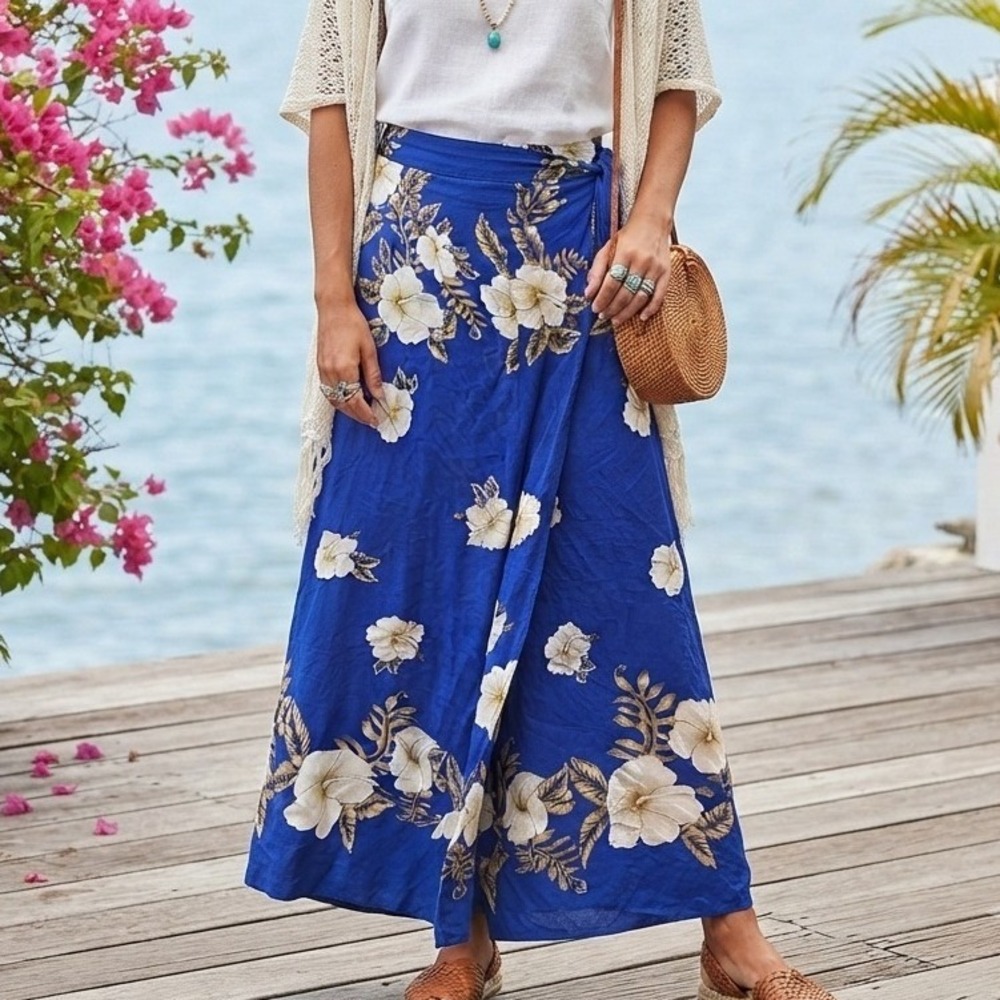 vtg hibiscus‎ collection hawaiian wrap around pants blue resortwear white lotus